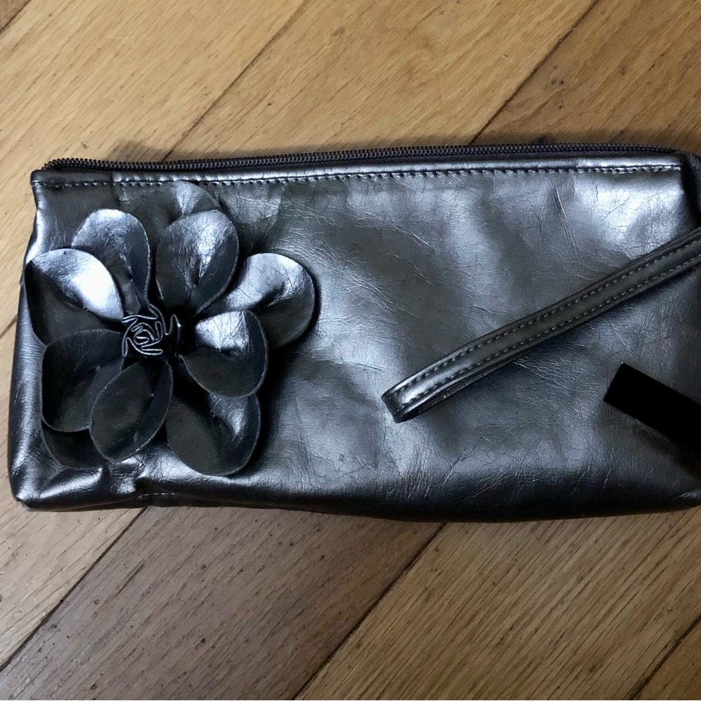 Sephora Metallic Silver Clutch with Floral Detail
